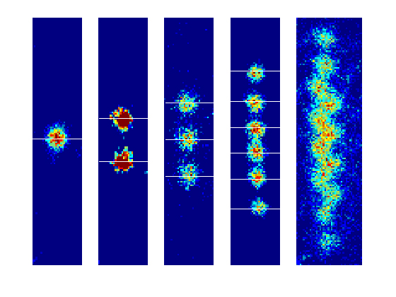 Planar ion trap with magnesium ions trapped above the chip surface &mdash; representative of trapped-ion architectures.