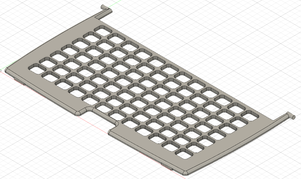 CAD render of a custom 3D-printed keyguard for an AAC speech device.
