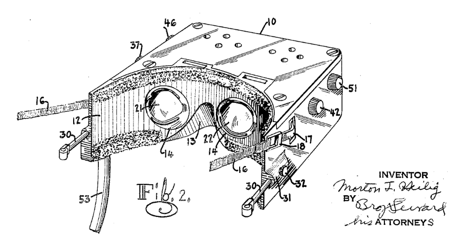 Figure from a US utility patent (Morton Heilig, 1962) &mdash; representative of the kind of patent drawings examined during nearly a decade at the USPTO.